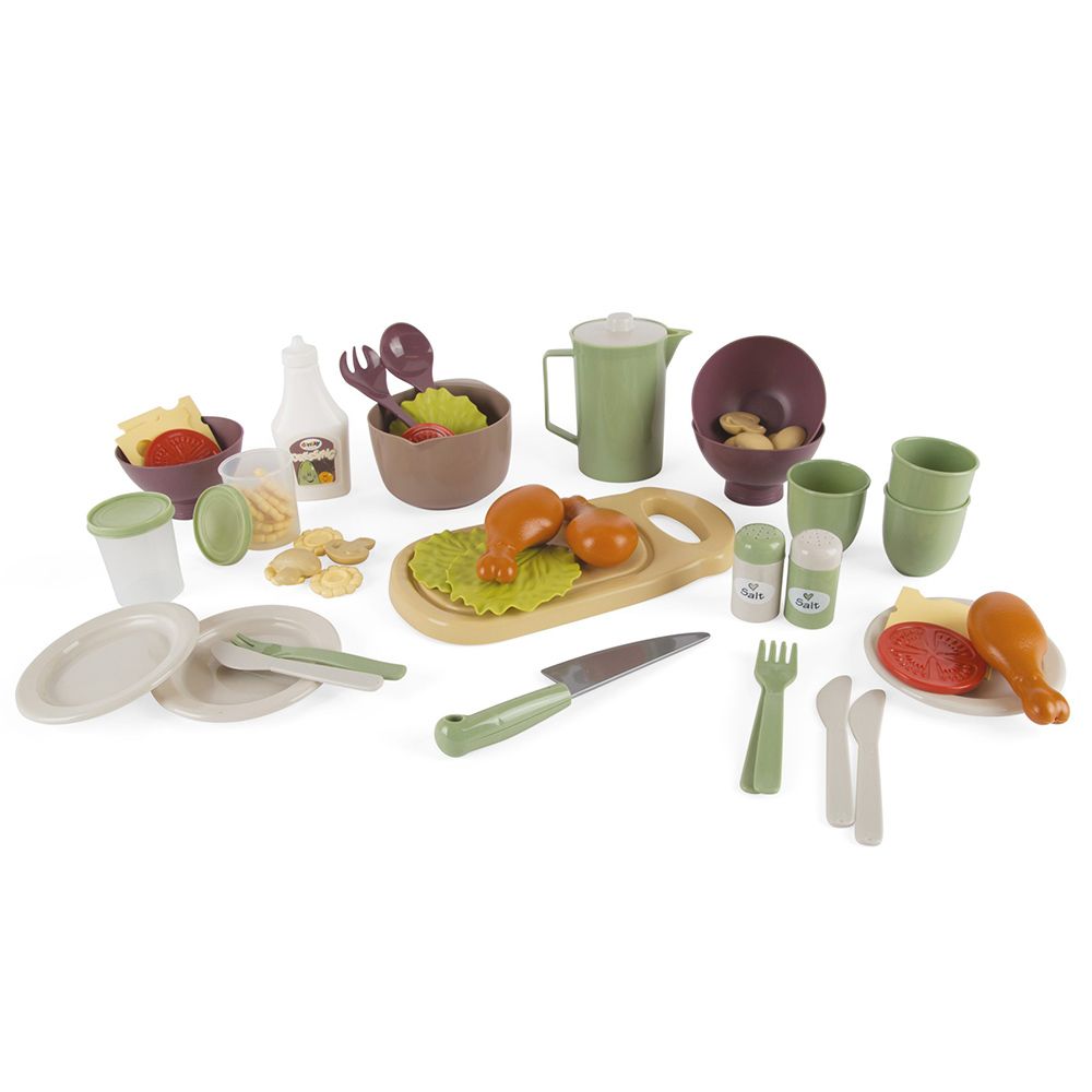 Vaisselle, ustensiles et aliments du set Green Garden Dantoy