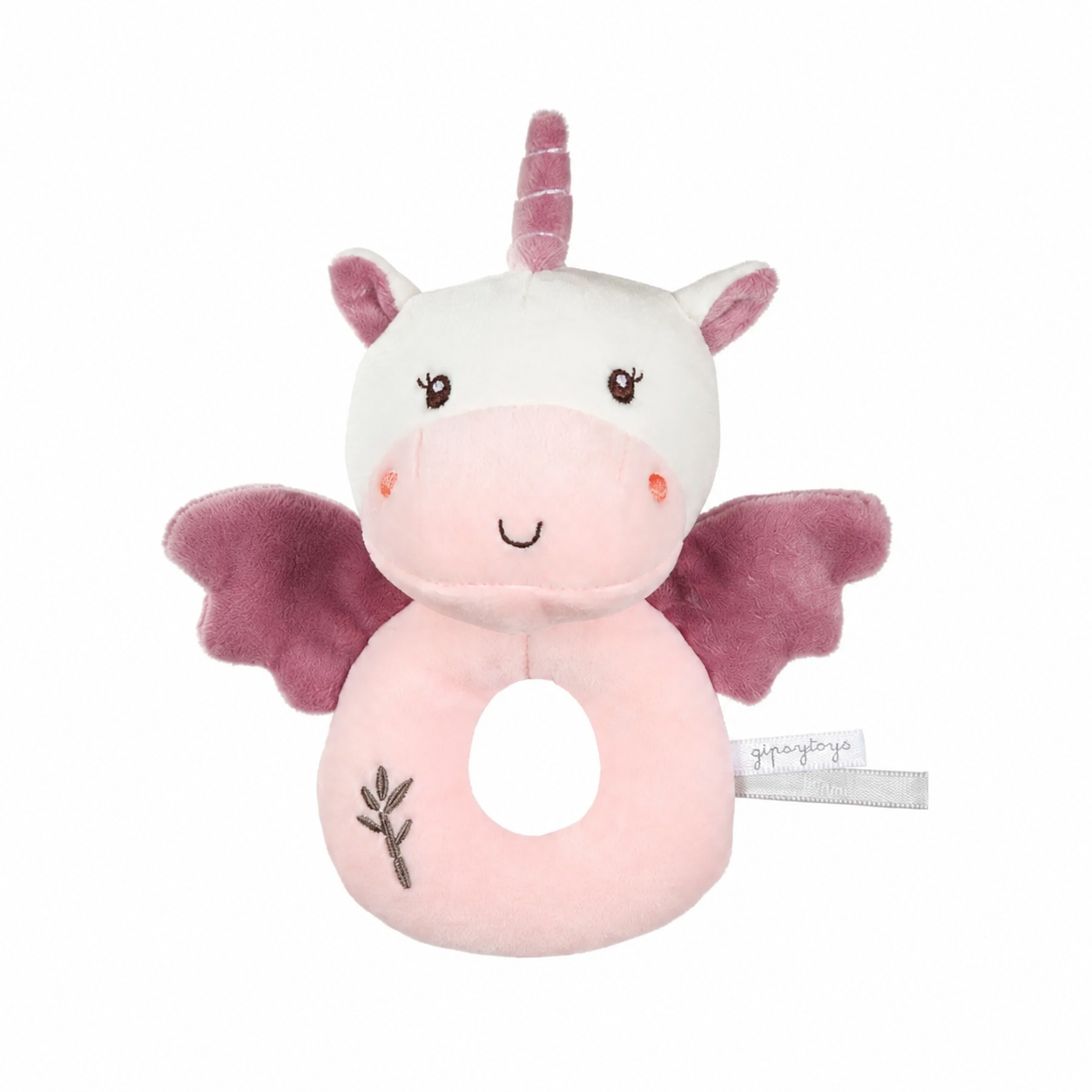 Hochet licorne rose avec des ailes mauves et un corne toute mignonne